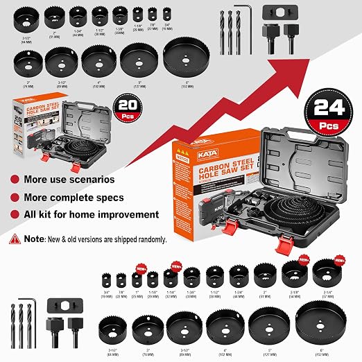 KATA Hole Saw Kit, 24PCS Hole Saw Set with 3/4"-6"(19-152mm) Multi-Size Saw Blades, Precision Hole Saw Drill Bit Kit with Mandrels & Solid Storage Case Cutting for Drywall, Soft Wood, PVC, Plastic