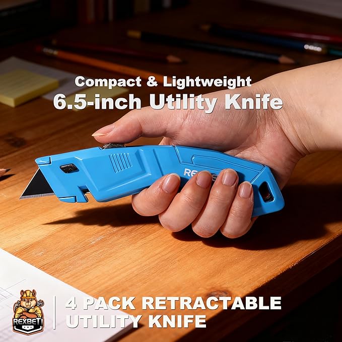 REXBETI 4-Pack Utility Knife, Heavy Duty Aluminum Shell Retractable Box Cutter for Cartons, Cardboard and Boxes, Extra 10 Blades Included