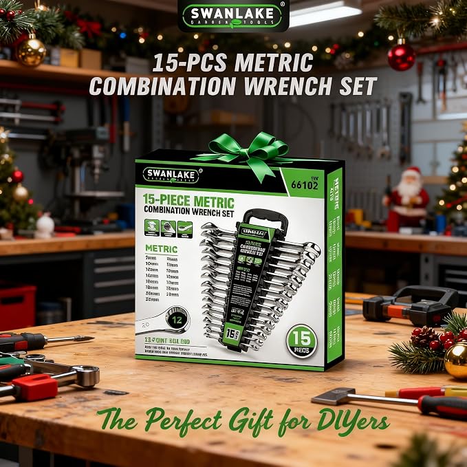 SWANLAKE 15-Piece Metric Combination Wrench Set, 12-Point Max Torque Open End Wrench Set, Cr-V Steel Wrenches 8, 9, 10, 11, 12, 13, 14, 15, 16, 17, 18, 19, 20, 21, 22mm with Storage Rack