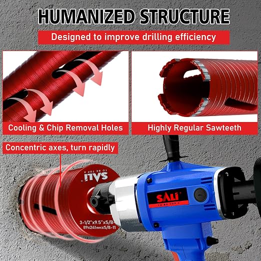 SALI Diamond Core Drill Bits 5" Diameter 10"/254mm Drilling Depth 5/8-11" Thread Core Bit Turbo Laser-Welded Segments for Cured Concrete with Brick Block Masonry with Two Adapters（Red）