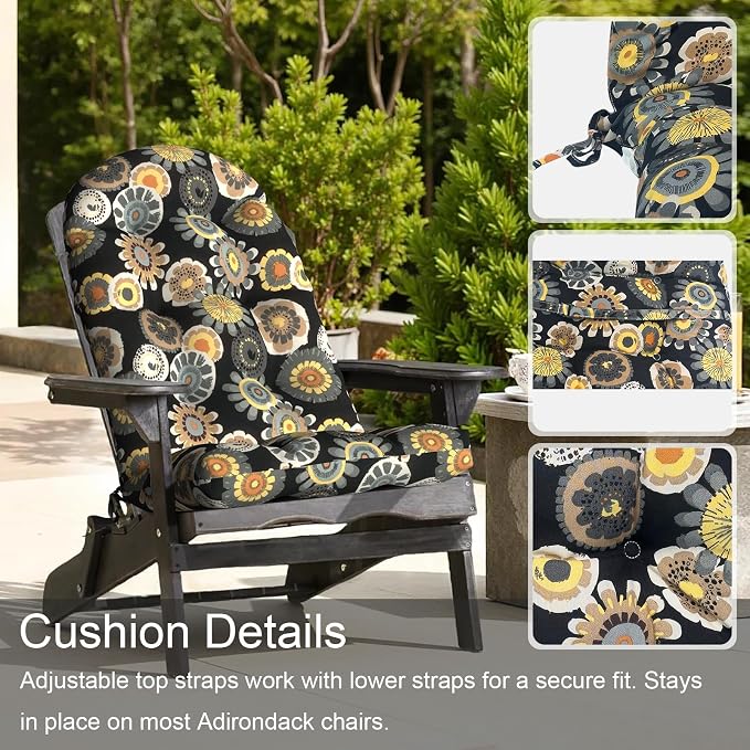 LVTXIII 2 Pack Outdoor Adirondack Chair Cushions, 44x19x4 Inch Water Repellent Patio Cushions for Rocking Chairs, Thick Tufted High Back Seat Cushion Set, Black Yellow Crosby