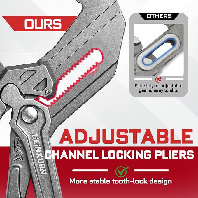 GEINXURN 12-Inch Pliers Wrench, 1PC Smooth V-Jaw Pliers with 24-Position Push-Lock, Fast Adjustable Slip Joint Pliers Set for Plumbing, Home Repair, and Pipe Fittings