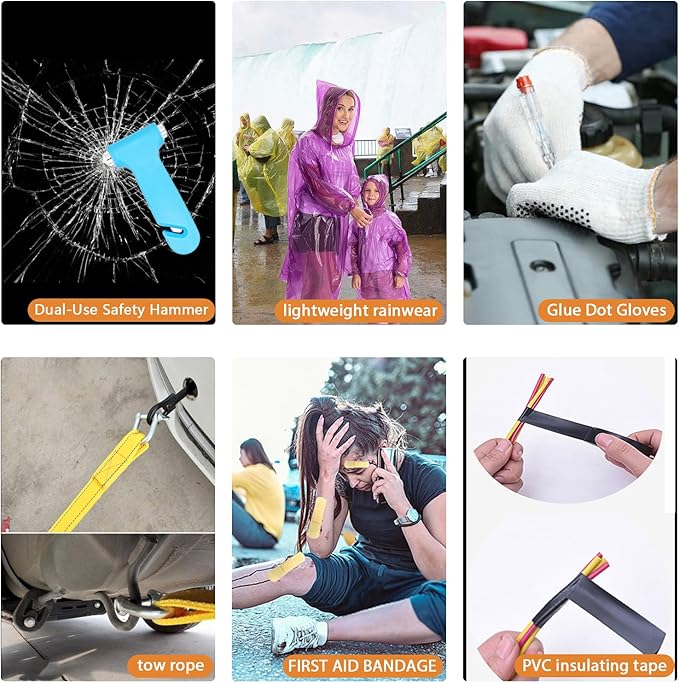 LIANXIN Car Emergency Roadside Tool Kit, Auto Emergency Kits Vehicles, with Jumper Cables kit，Car Safety Roadside Assistance Kit,Headlamp,Tow Straps,Safety Hammers,Rainwear,Gloves.Sky Blue