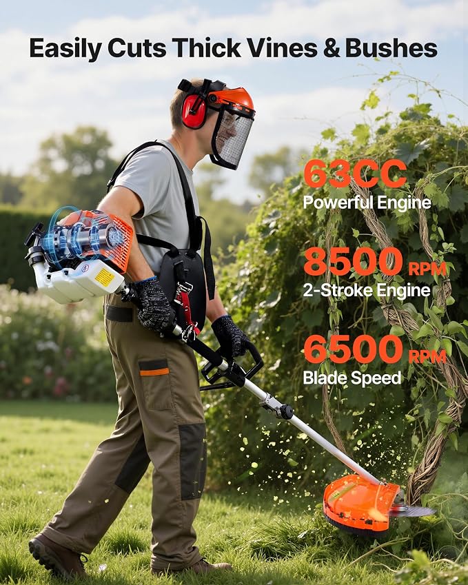 VEVOR Gas Hedge Trimmer, 2 Cycle Gas Power Handheld Hedge Trimmer, 5-in-1 63cc Cordless Weed Eater with Protective Gear Set, Includes Hedge and String Trimmer, Brush Cutter(3T & 40T Blades), Pole Saw