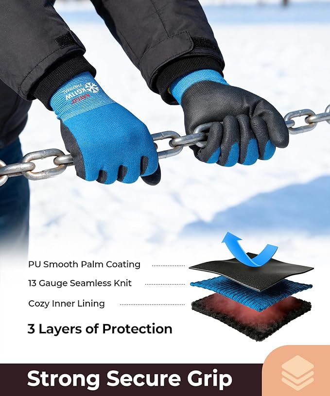 KAYGO 12 Pairs Winter Work Gloves for Men and Women, Thermal Insulated Safety Work Gloves PU Coated, Super Grip,Ideal for Freezer Work,Blue,L