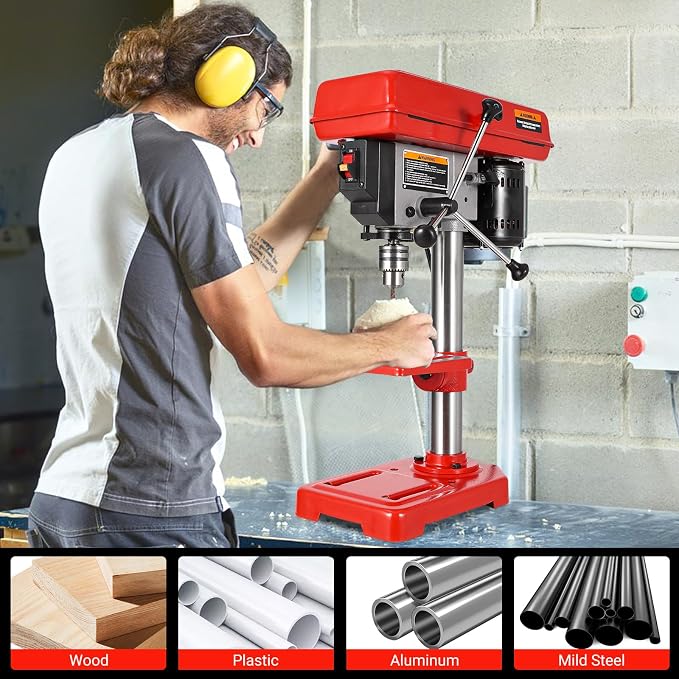 Garvee 8" Benchtop Drill Press, Laser Ray (Class II Max. 1mW), Tabletop Drilling Machine with 5 Adjustable Speeds (620 to 3100 RPM), 0-45°Tilting Worktable with LED Light (1W), for Wood or Metal