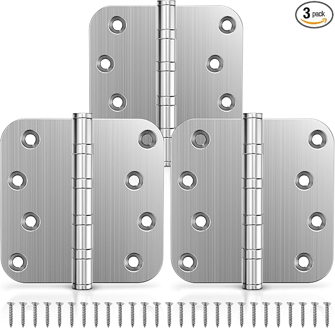 KOLET Ball Bearing Door Hinges, 4 x 4 Inches Door Hinges, Heavy Duty Stainless Steel Hinges, 5/8'' Radius Corner, Smooth and Quiet, Non Removable Pin, Brushed Nickel, 3 Pack