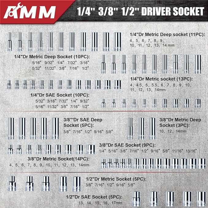 AMM Mechanics Tool Set, 1/4 in, 3/8 in and 1/2 in Drive socket set, 202 Piece