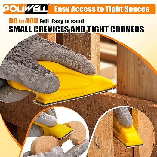 POLIWELL 100 Pcs Hand Sander Kit, 3.5” x 1” Mini Micro Sander for Small Projects, Detail Finger Sanding Block Tools, 80 120 180 240 400 Grit Wet Dry Sandpaper Sheets for DIY Crafts Wood Plastic