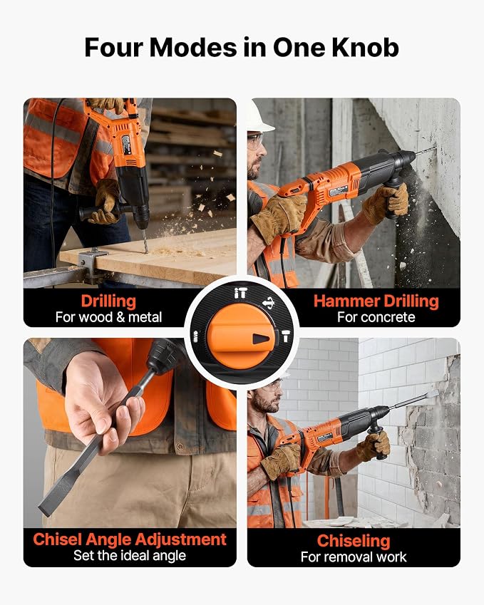VEVOR Rotary Hammer Drill, 1-1/8 in SDS-Plus Electric Corded Heavy Duty Rotary Hammer, 4 Functions, Including 3 Drill Bits, Flat Chisel, Pointed Chisel, and Carrying Case, for Concrete and Masonry
