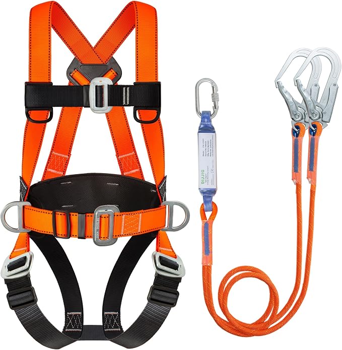 DIJJIG Full Body Safety Harness Kit OSHA/ANSI Compliant for Roofing | Includes internal shock-absorbing lanyard, orange harness for construction, durable and ready for fall protection