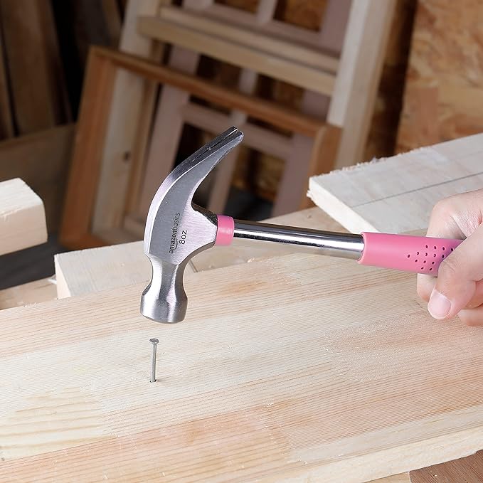 Amazon Basics 8 oz Claw Hammer with Shock Reduction, No-Slip Rubber Grip, Pink