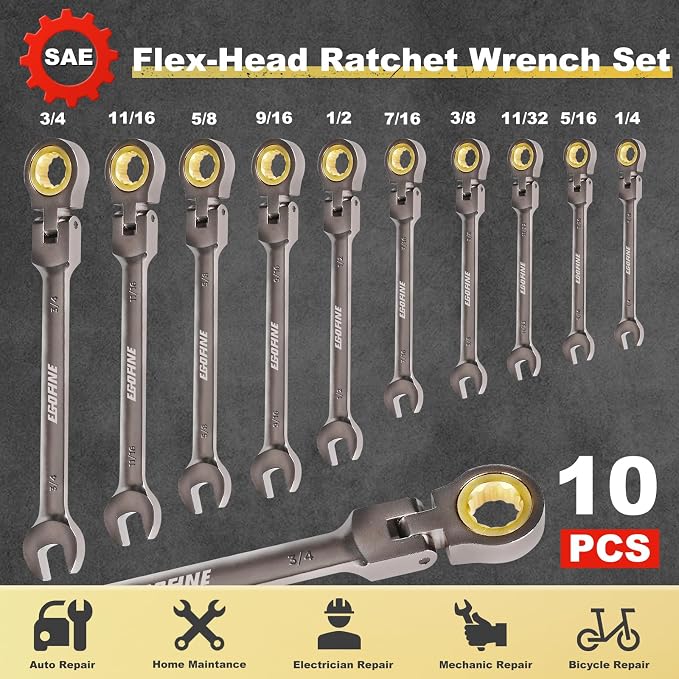 Egofine Flex Head Ratcheting Wrench Set 10 Piece, SAE Wrench Set, CR-V Steel 1/4” to 3/4” Wrench, 72-Teeth Combination wrench set, Nickel Plating Ratchet Wrenches Set with Tool Roll Bag