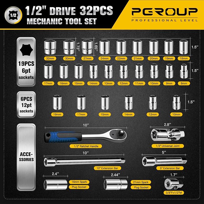 1/2 inch Drive 8mm-32mm Metric socket set, 32-piece Mechanic Tool Socket Ratchet Wrench Set, for Auto Repairing & Household