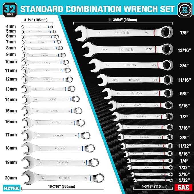 DURATECH 52-Piece Combination Wrench Set, Regular & Stubby, SAE & Metric | 32 PCS Combo Wrenches(5/32"-7/8"&4mm-20mm) & 20 PCS Stubby Wrenches(3/16"-13/16"&5.5mm-14mm), CR-V Steel, with Rolling Pouch
