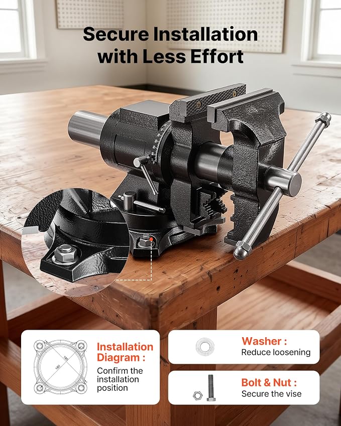 VEVOR Heavy Duty Bench Vise, 5.5" Jaw Width, Double Swivel Rotating Multi-Purpose Bench Vise, with 360° Locking Swivel Base and Head, 2.76" Throat Depth, 5" Max Jaw Opening, for Drilling Pipe Cutting