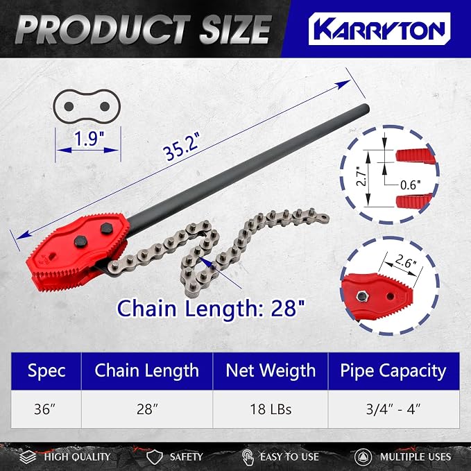 36" Chain Pipe Wrench, Fits 3/4"-4" Pipe Diameters, 28" Chain Length Max Breaking Load 18000LBs, Heavy Duty Chain Tongs for Pipe Installation, Oil Fields Operations and Maintenance