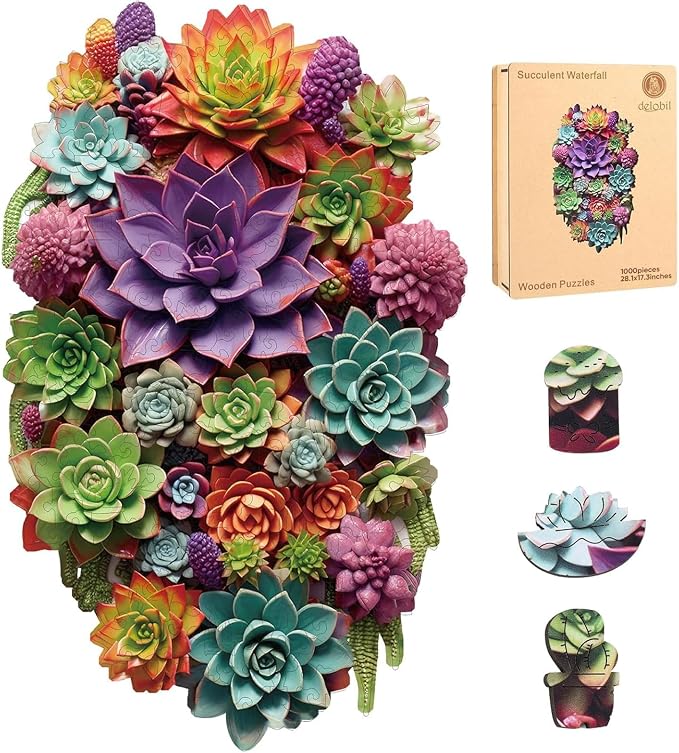 Delobil Puzzles for Adults 1000 Pieces with Puzzle Saver - Succulent Wooden Puzzle Unique Adult Jigsaw Puzzles Brain Teaser Family Game Gift 28.1'' x17.3''