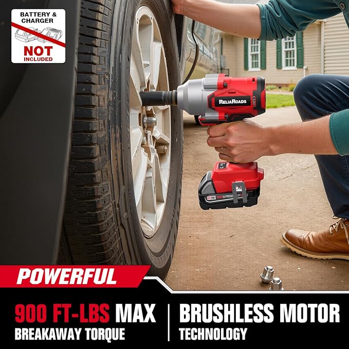 ReliaRoads 900 Ft-lbs Cordless Impact Wrench, 1/2 Inch Impact Gun Compatible MilWauke 18V Battery, Brushless Constant High Torque Impact Driver with 3 Speed, Tool Only (No Battery Included)