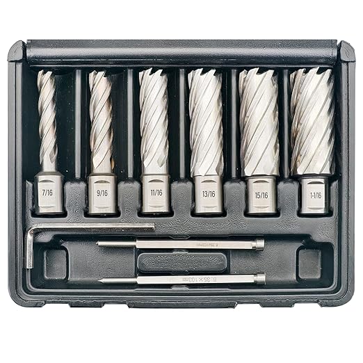 Pro Edge 6pcs Annular Cutter Set, 2" Cutting Depth, 7/16" to 1-1/16" Cutting Diameter, M2 Mag Drill Bits for Magnetic Drill Press with 2 Pilot Pin & 1 Hex Wrench, for Steel, Aluminum, Copper