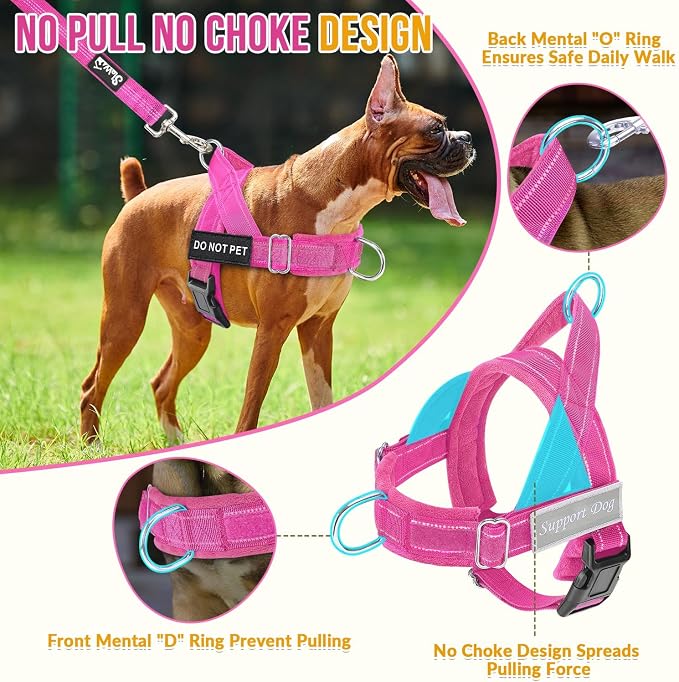 SlowTon No Pull Dog Harness with Front Clip - Heavy Duty, Soft Padded | Neck & Chest Adjustable, Tactical Pet Vest and Leash Set for Large Medium Sized Dogs, for Easy Walk & Training, Fuchsia M