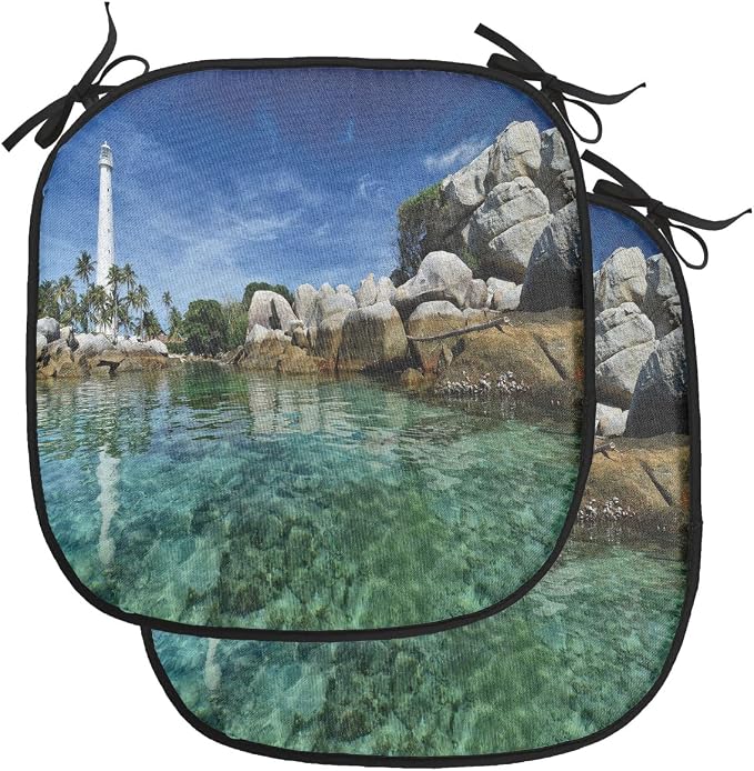 Lunarable Lighthouse Chair Cushion Pads Set of 2, Lighthouse Clear Water Palm Trees Summer Sky Rocky Shoreline Seascape, Anti-Slip Seat Padding for Kitchen & Patio, 16"x16", Teal Blue Grey