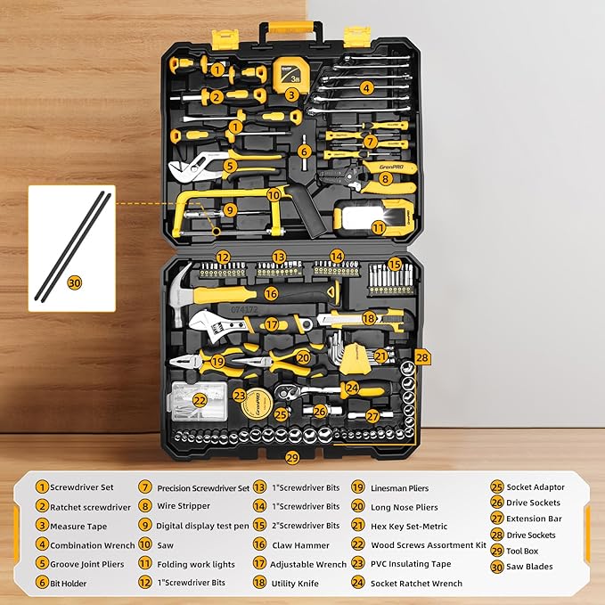 GRENPRO 218PCS Basic Auto Hand Tool Set Household Repair Tool Box Kit | Portable Tool Box, CR-V Steel, Complete Kit, Anti-Drop Slots, Household DIY, Auto Motorcycle, Home Garage For Men & Women