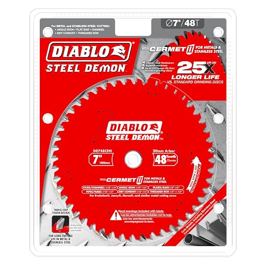Diablo Steel Demon Cermet II Saw Blade for Medium Metal - 7" Diameter, 48 TCG Teeth, 20mm Arbor, .075" Kerf, 0° Hook Angle, .063" Plate, 4000 Max RPM - D0748CFM