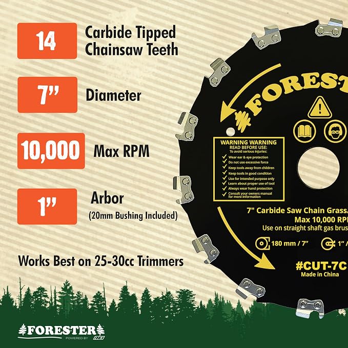 FORESTER Carbide Tip Chainsaw Brush Cutter Blade - 7in x 14 Teeth | Fits Most Straight Shaft Trimmers | Conversion Kit Sold Separately