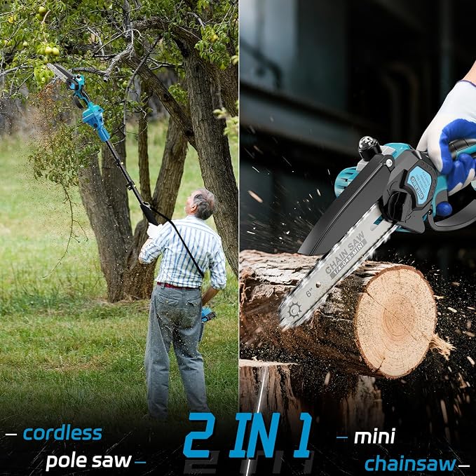 Pole Saws for Tree Trimming, 2-in-1 Pole Saw＆6 Inch Mini Chainsaw,with Extension,Max Reach 16 Ft,Electric Pole Saw Used for Wood Cutting and High-Branch Pruning,2× 21V 2.0Ah Battery