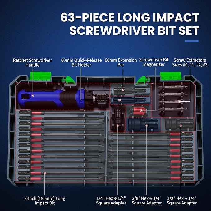 6-Inch Long Screwdriver Bit Set, 63PCS Impact-Ready Extended Reach Bit Kit, Magnetic S2 Steel, 1/4" Hex Shank, Torx/Phillips/Hex/Nut Driver Bits with Organized Storage Case for Drill & Impact Driver