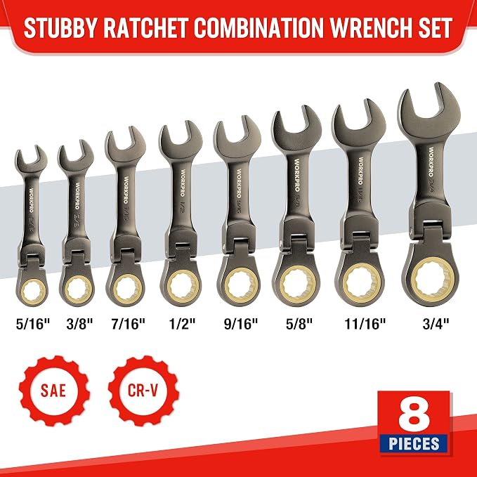 WORKPRO 8 Piece Flex Head Stubby Ratcheting Wrench Set, SAE 5/16-3/4 in | 72-tooth CR-V Wrenches with Nickel-plated Finish for Automotive, Garage and Home Repairs, Includes Rolling Pouch