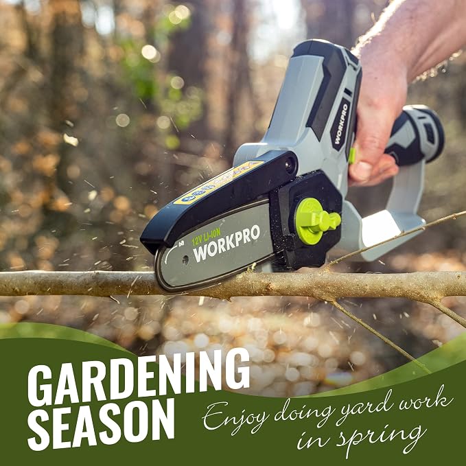 WORKPRO Mini Chainsaw, 6.3" Cordless Electric Compact Chain Saw with 2 Batteries, One-Hand Operated Portable Wood Saw with Replacement Guide Bar and Chain for Garden Tree Branch Pruning, Wood Cutting