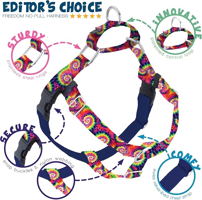 2 Hounds Design - Freedom No-Pull Harness & Training Leash in Tie-Dye | Dual Leash Loops, No Pulling on Walks | Lined to Prevent Chaffing | for Small Sized Dogs (Size S, Chest 20”- 24”)