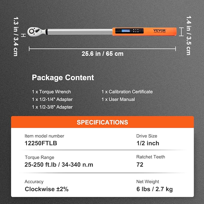 VEVOR Digital Torque Wrench 1/2" Drive(25-250ft.lb/34-340n.m), ±2% Torque Accuracy, 3-Mode Adjustable Electronic Torque Wrench with LED Buzzer Calibration