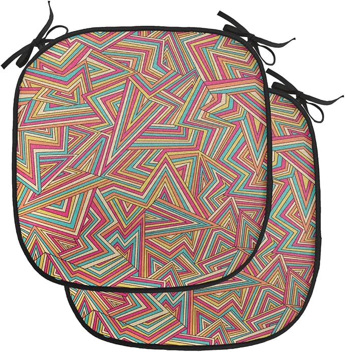 Lunarable Geometric Chair Cushion Pads Set of 2, Abstract Pattern Stripe Illusion Geometry Angles Stars Structure, Anti-Slip Seat Padding for Kitchen & Patio, 16"x16", Magenta Orange
