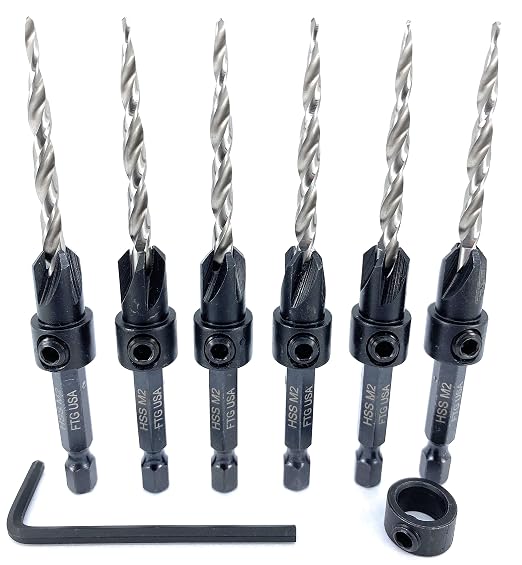 FTG USA 6 Pc #8 (11/64") Countersink Drill Bit Set with Depth Stop Collar, Hex Wrench - Tapered Drill Bits for Wood