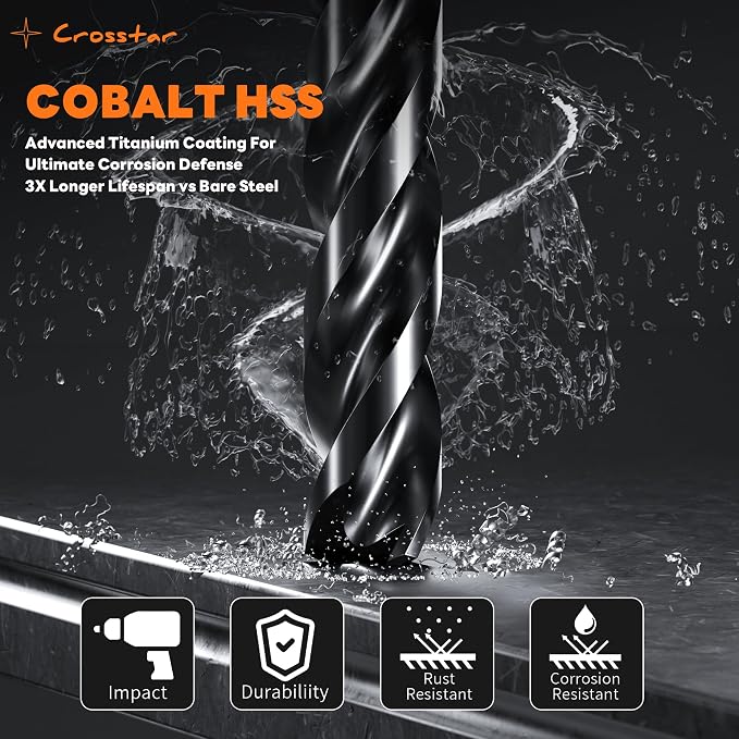 Crosstar M35 Cobalt Drill Bit Set for Hardened Metal & Stainless Steel - Titanium Aluminum Nitride Coated (TiAlN), Three-Flute Design, 5pcs 1/2" Metal Drill Bits