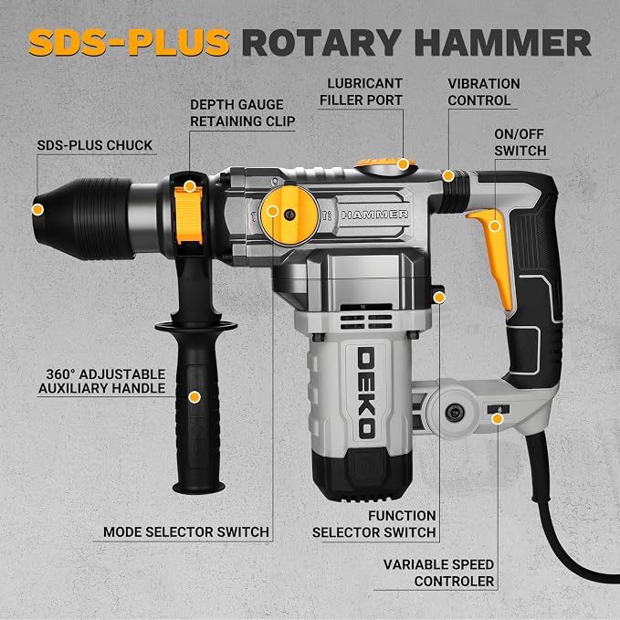 1-1/4 Inch SDS-Plus Rotary Hammer Drill, 12.5Amp Electric Heavy Duty Hammer Drill Corded with 4 Functions, Demolition Hammer for Concrete with Drill Bits and Chisels, Safety Clutch & Vibration Control
