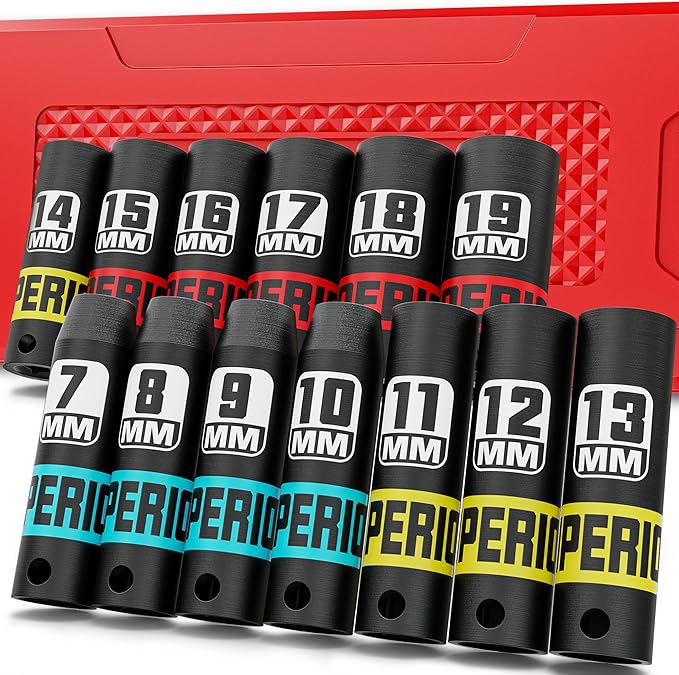 13 Piece 3/8" Drive Impact Socket Set, 7 mm-19 mm Deep Socket, Metric, 6 Point, Automotive Motorcycle and Bicycle Maintenance, Machinery Manufacturing