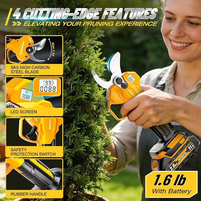 2.05"/ 53mm Electric Pruning Shears, Cordless Electric Scissors LCD Display＆SK7 Blades, 21V Brushless Motor Branch Cutter with 2 PCS Rechargeable 2000mAh Batteries & 2 Blades (Yellow)