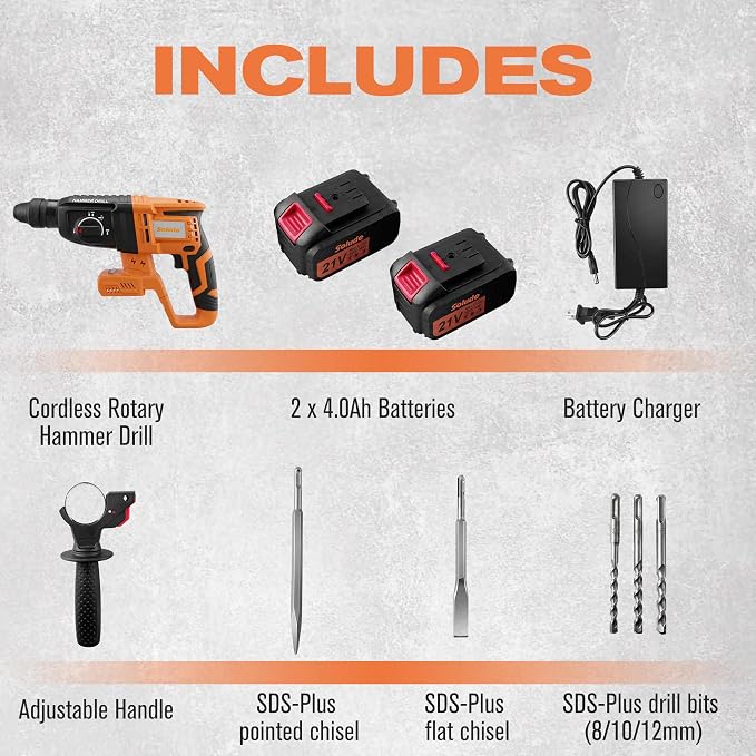 21V Cordless Rotary Hammer Drill with 2 Pack 4Ah Batteries, SDS-Plus Hammer Drill for Concrete Demolition Chipping Rotomartillo Home Renovation with Brushless Motor,4 Working Modes