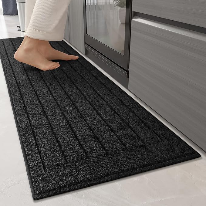 Color&Geometry Striped Designed Absorbent Washable Polypropylene Kitchen Floor Mat, Black 17"x59", Non Slip TPE Backed, Low-Profile Sink Runner Rugs, Easy Clean Long Kitchen Carpet (Roll Packed)