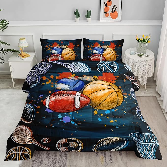 Axolotl Ball Game Bedding Set King Size,3 Piece Basketball Volleyball Comforter Set,Cartoon Soccer Football Sports Bedding,Colorful Ball Sport Bed for Kids Boys Teens,1 Quilt 2 Pillowcases