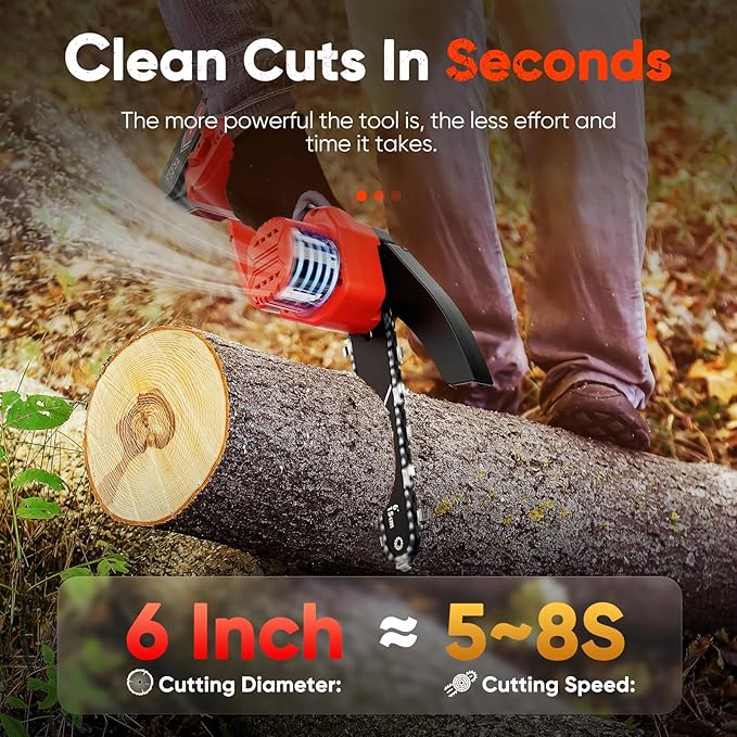 Mini Chainsaw- 6 Inch Electric Mini Chain Saw Cordless Battery Powered One-Hand Tree Trimming Saw with 2 Batteries, Portable Gardening Gadgets for Men, Unique Birthday Gifts (Red)
