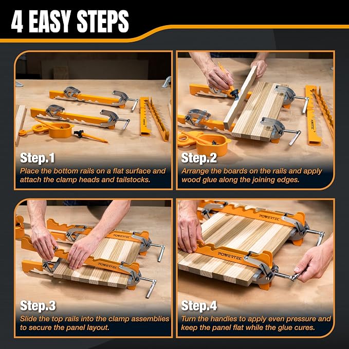 POWERTEC 16" Panel Clamps, 4-Way Pressure Cabinet Clamp Set with Storage Rack, Panel Glue-Up Clamps for Cutting Boards, Tabletops & Wood Panels (72436)