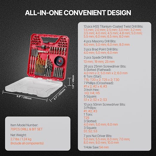 VEVOR Drill Bit Set, 70 Pieces Drill and Driver Bit Set, Screwdriver Bit Set Suitable for Wood Metal Cement Drilling and Screw Driving, Drill Bit Sets Combo Kit Assorted in Organized Carrying Case