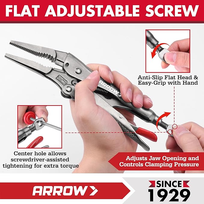 ARROW 5-piece Locking Pliers Set with Rolling Pouch, Chromium-Molybdenum Vice Grips, 5"/7"/10" Curved Jaw, 6.5"/9" Long Nose Vise Grip Pliers