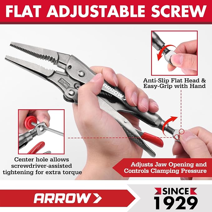 ARROW 10-piece Locking Pliers Set with Tool Bag, Chromium-Molybdenum Vice Grips, 5"/7" Curved Jaw, 6.5"/9.5" Long Nose, 7"/10" Straight Jaw, 7"/10" V-Jaw, 6"/11" C-Clamp Vise Grip Pliers