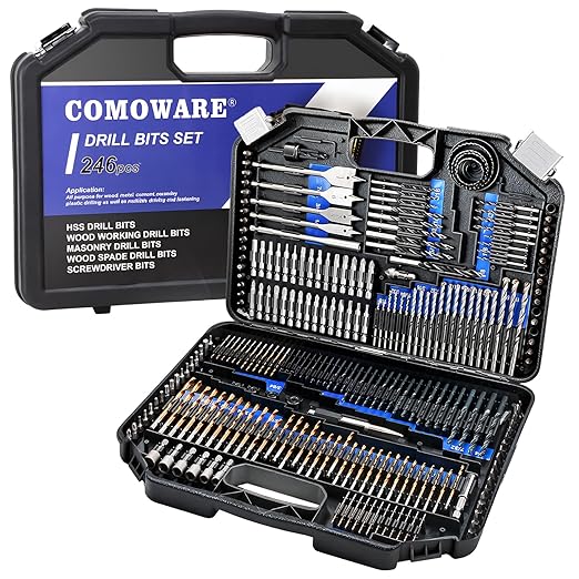 COMOWARE Drill Bit Set, 246 Pcs for Cordless Drill, Drill Driver Bit Set for Wood, Metal, Masonry, Cement and Screwdriver Bits Set Combo Kit